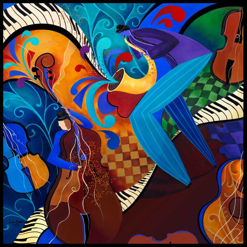 #Paintings with #navyblue "The Players", "Fascination" and "Guitar Music" #Acrylic #illustration on canvas #musicartist #music #guitar #saxophone #bass #abstract Juleez.com