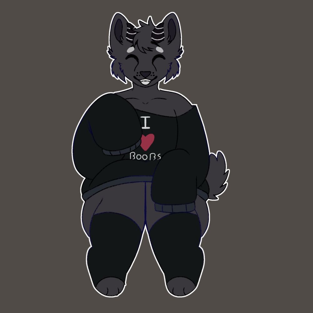 Catt the goat swearing black stocking and a hoodie saying "I ❤️ Boobs"