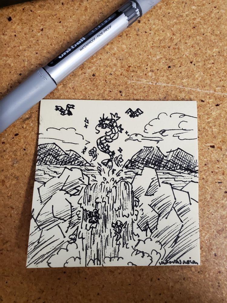 post it note drawing of a waterfall scene of magikarp evolving into gyarados after reaching the top, wingull's are flying in the sky above