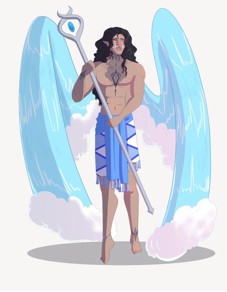 A muscular man who appears to be half orc, with tawny skin and dark tattoos on his neck. He wears bright tropical wraps around his waist and has long wavy ebony hair. A pair of wings sprout from his back and flow out of him like waterfalls
