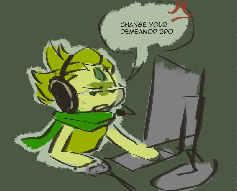 A quick and colored sketch of the character Wind Archer Cookie from the Cookie Run franchise. Wind Archer has a headset on, hands on a keyboard and a mouse looking annoyed at a computer screen. He's saying "Change your demeanor bro."