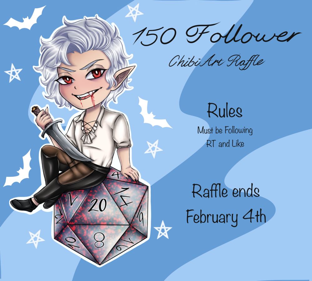 150 follower art raffle l. A chibi Astarion sitting on a d20

Rules are must be following and to rt and like post

Raffle ends Feb 4
