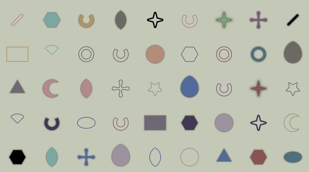 Screenshot of a bevy_smud example. A grid of sdf rendered shapes