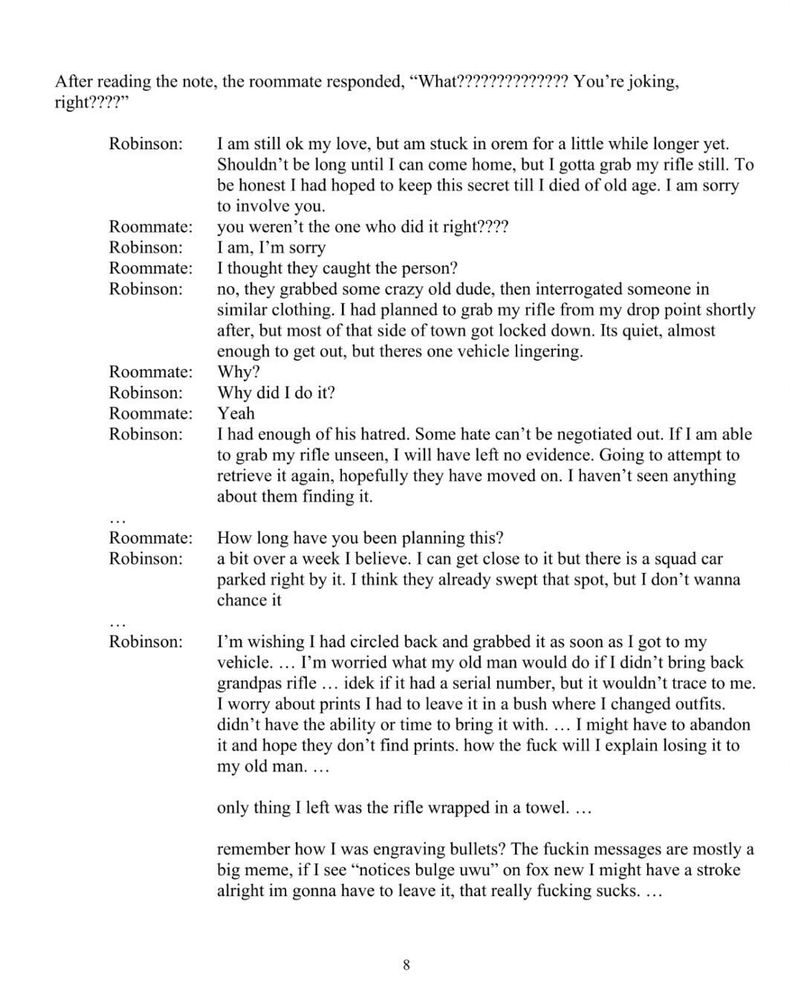 The FBI's "transcription" of a conversation between Tyler Robinson and his roommate 