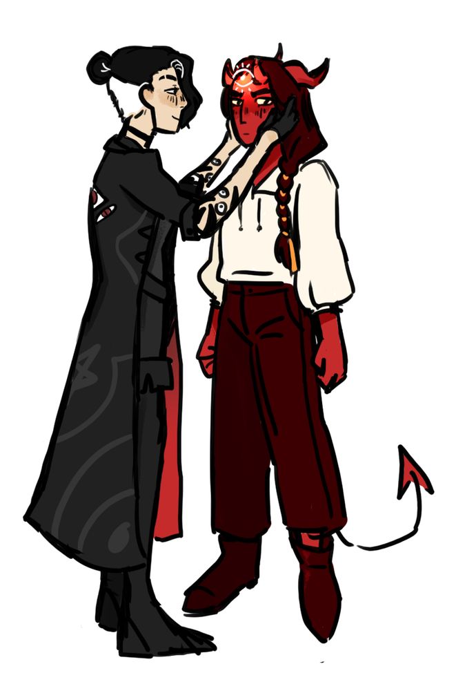 a color drawing of triss and umbra. Umbra is smiling slightly while cradling triss' face. Triss is looking away bashfully while a spectral third eye on his forehead is looking straight forward.