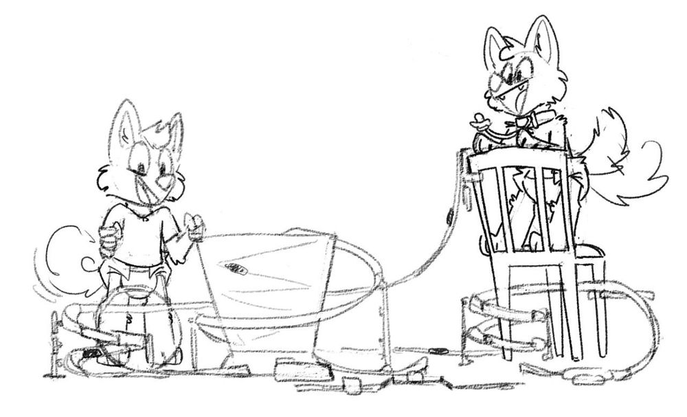 A folfsky and coyote, both puppies, playing with a very tall and elaborate hot wheels track, art by @smolyote1.bsky.social