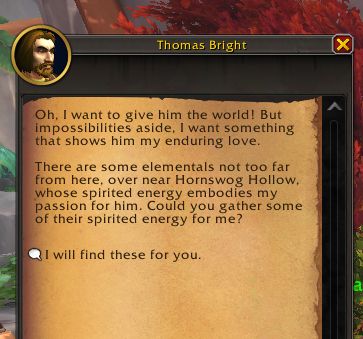screencap of WoW retail from an npc (who is male) that reads: 

Oh, I want to give him the world! But impossibilities aside, I want something that shows him my enduring love.
There are some elementals not too far from here, over near Hornswog Hollow, whose spirited energy embodies my passion for him. Could you gather some of their spirited energy for me?
I will find these for you..