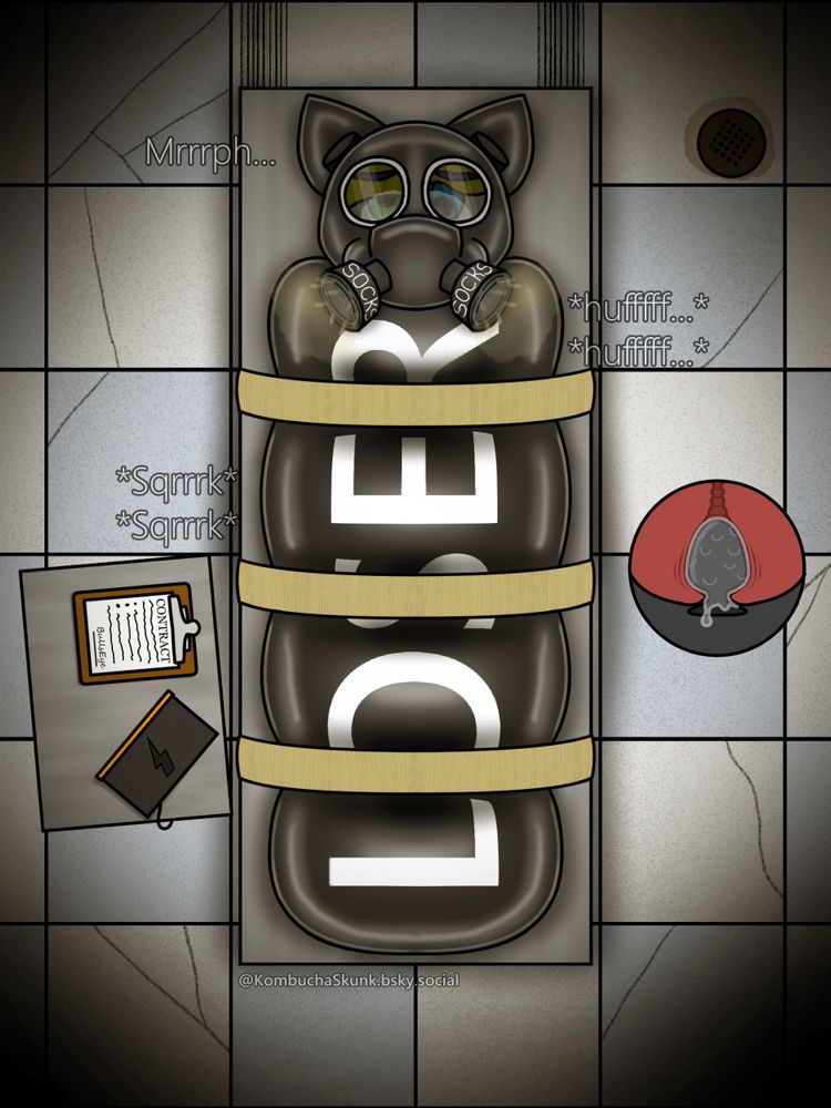 Bullseye strapped to a table in a latex sleep sack that says “LOOSER”. The room is dingy with a cracked tile floor and a dirty metal drain. He is looking a bit dazed in a gas mask with filters labeled “SOCKS”. On a metal tray next to him is a signed contract and an estim box. An X-ray view revea a large plug in his ass. 