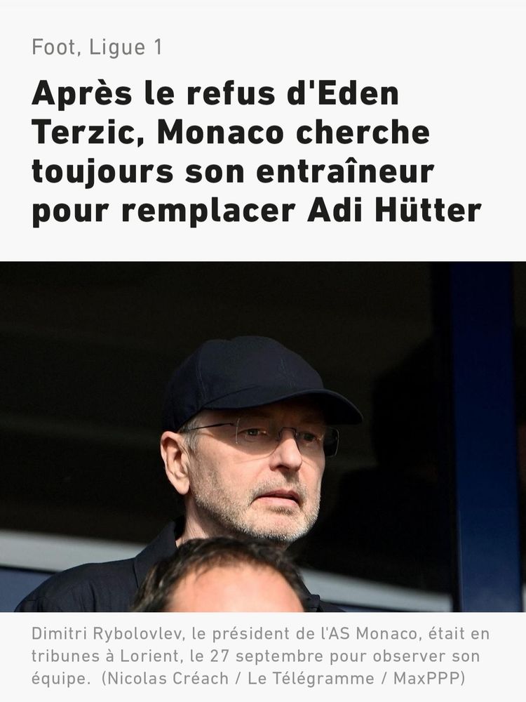 Capture d'écran d'un article de L'Équipe, qui parle de l'AS Monaco qui recherche un nouvel entraîneur