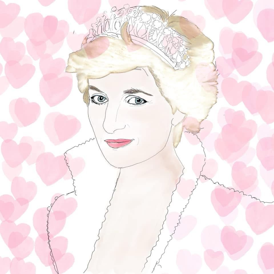 A digital ink and watercolor painting of Princess Diana in her “Elvis” jacket, tiara and hearts all around her