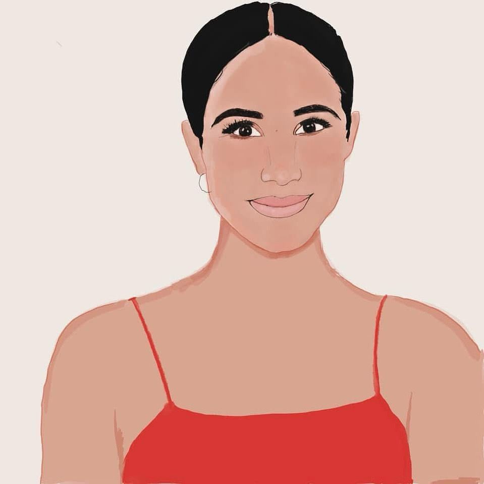Digital art of Meghan, Duchess of Sussex in a red spaghetti dress. Only the top can be seen as it is primarily a face portrait 
