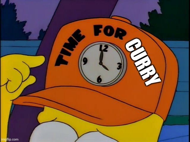Screen capture from The Simpsons Season 8 Episode 9 "El Viaje Misterioso de Nuestro Jomer (The Mysterious Voyage of Homer)" where Bart is pointing at his hat that says "Time for chili" and has a clock. The image has CURRY in an impact font on top of the word chili 