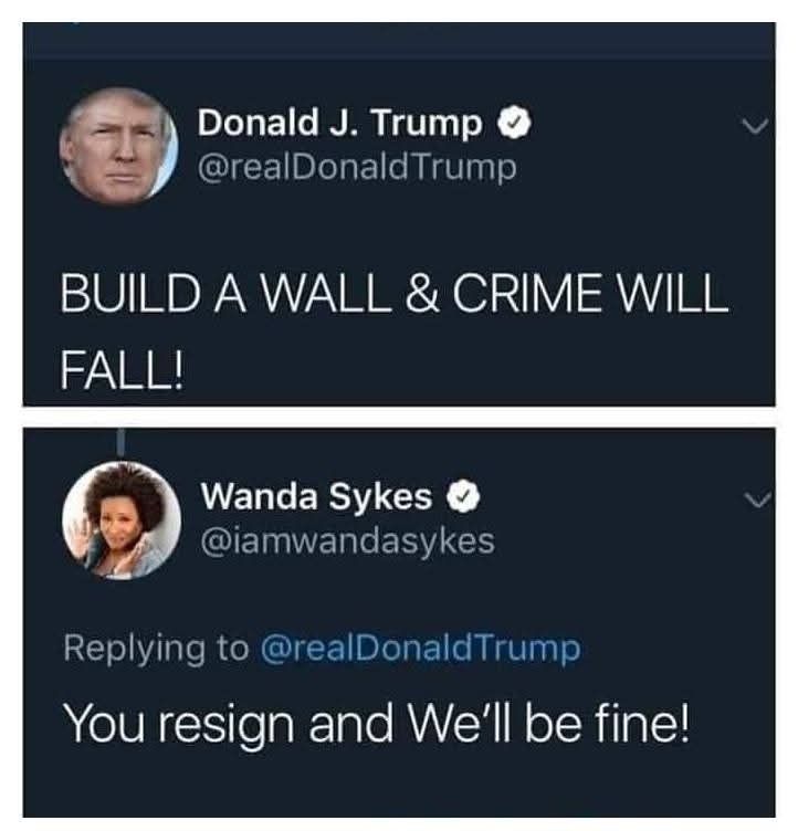 Donald J. Trump @realDonaldTrump

BUILD A WALL & CRIME WILL FALL!

Wanda Sykes ✔ @iamwandasykes

Replying to @realDonaldTrump

You resign and We'll be fine!
