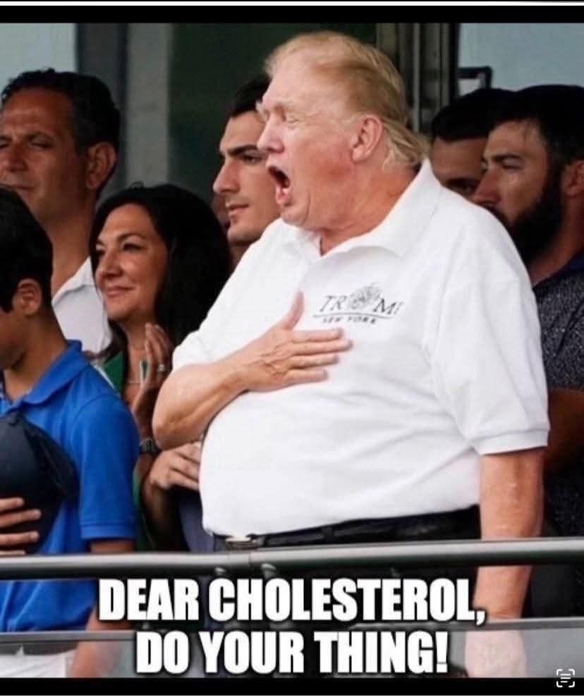 A photo of Trump looking very overweight and sickly frail, with the words:
DEAR CHOLESTEROL, DO YOUR THING!