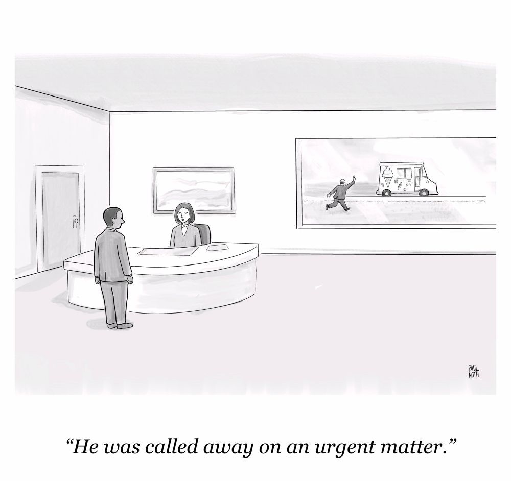 "He was called away on an urgent matter" an admin staff tells a man, while the urgent-matter man is running to an ice cream truck