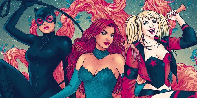 The Gotham City Sirens (Catwoman, Poision Ivy, Harley Quinn) pose for a comic book cover.