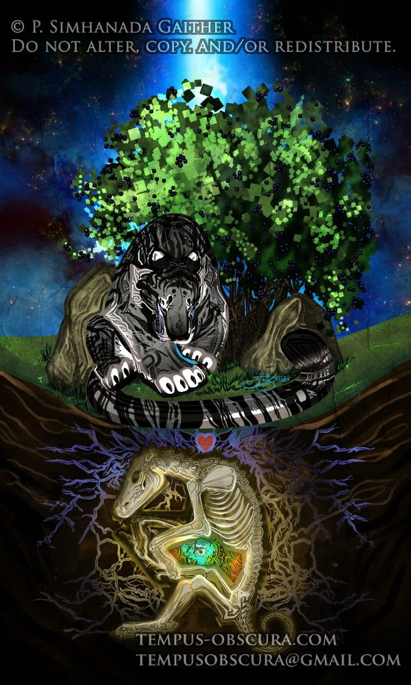 A digital illustration of a blue star filled sky centered with a beam of light that shows down upon an emotional scene. A small grey tiger sits beneath a fruiting blueberry bush, tears falling onto the grassy ground marked by two stones as a grave.

Beneath the layers of soil and stone is the skeleton of a domestic canine with colorful roots branching out from them. From the abdominal area a seed encased in spirit flames glows brightly and represents another animal friend who has passed on.