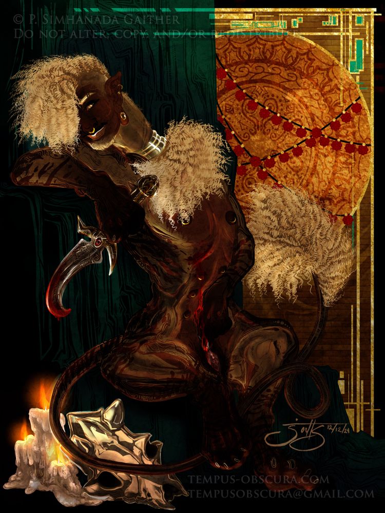 Basked in the dim glow of candlelight, tendrils of gold thread and charms hung in the autumn air of the sands. The Harrowmoon season had come as it did each year with cooler winds and darker magic. And it's was during those times that all manner of mischief was afoot. Creatures great and small paid tribute, the Blood Moon above as an ever watchful eye upon the land. In the hushed desert winds of Netzekal drifted an invitation to any that caught sight of the little caravan tent cast in eerie light. For what waited inside was the Wanderlust proprietor and his very, very welcoming reception.

 

"Hm, welcome friend. Don't keep me waiting~"

[A sphinx-like creature called an Erezu sits in a sexually inviting pose. He's surrounded by red drapery with candles and a skull of some mythic beast at his feet. In one hand he holds a curved blade as the other spreads open his genitals in invitation to sex acts.]