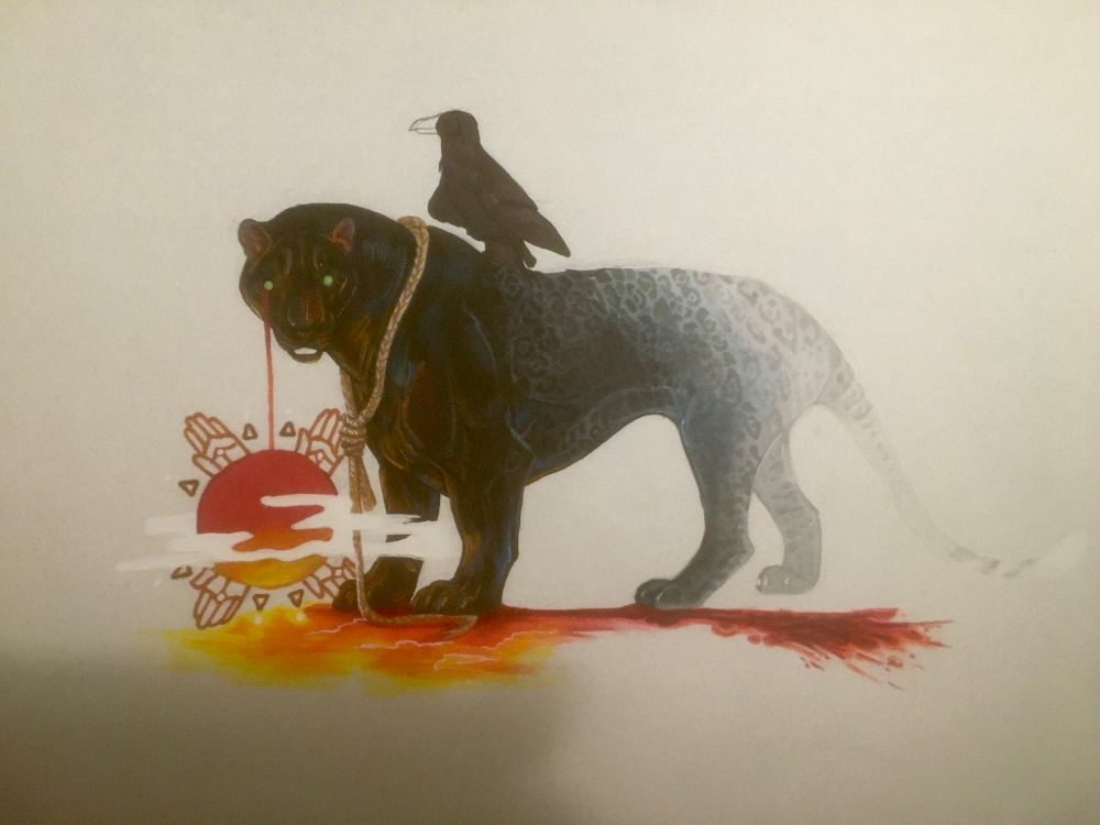 A ghostly black panther and crow standing against the setting sun of countless Black lives lost. It sheds a tear of blood that becomes its shadow.