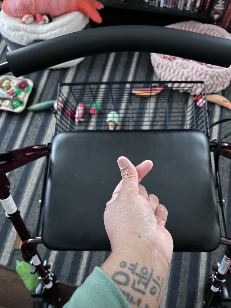 My hand making a finger heart above the seat of the new rollator