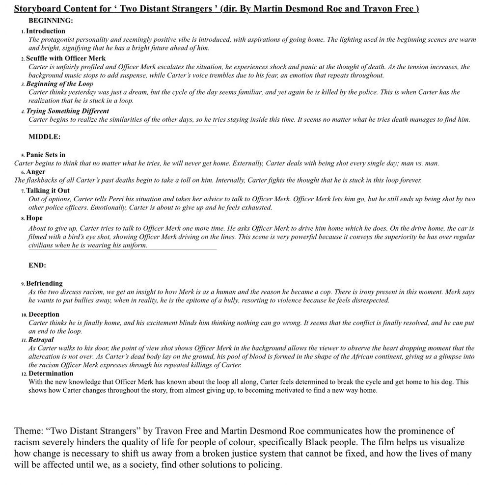 Written text explaining content of a visual storyboard  made of images from a film called ‘2 Distant Strangers’ 