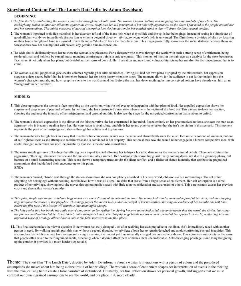 Written Explainer for a visual storyboard made of images from a film called ‘Lunch Date’ 