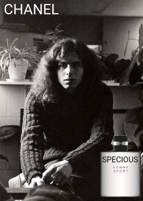 A mock b&w Chanel ad featuring a young Steven Pinker seated next to a bottle of cologne labeled "SPECIOUS"