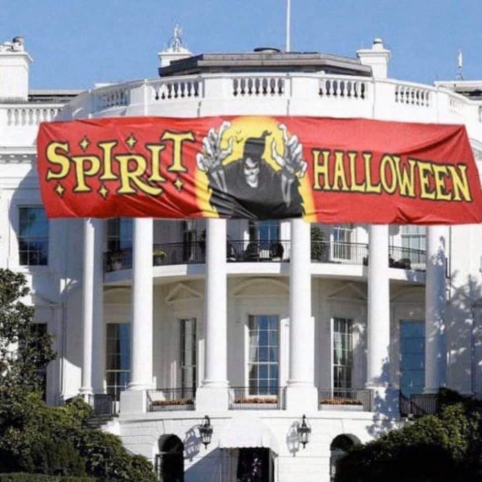 The White House with a Spirit Halloween sign hanging from its facade