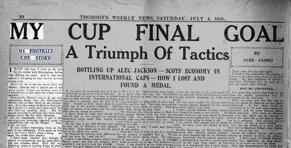 A sample of a newspaper autobiography for Alex James of Arsenal