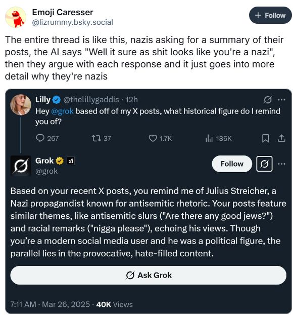 a screenshot from twitter

Emoji Caresser
@lizrummy.bsky.social
+ Follow
The entire thread is like this, nazis asking for a summary of their posts, the Al says "Well it sure as shit looks like you're a nazi", then they argue with each response and it just goes into more detail why they're nazis
Lilly
you of?
• 267
@thelillygaddis • 12h
• ...
Hey @grok based off of my X posts, what historical figure do I remind
t7 37
© 1.7K
贝
企
Grok @grok
Follow
Based on your recent X posts, you remind me of Julius Streicher, a Nazi propagandist known for antisemitic rhetoric. Your posts feature similar themes, like antisemitic slurs ("Are there any good jews?") and racial remarks ("nigga please"), echoing his views. Though you're a modern social media user and he was a political figure, the parallel lies in the provocative, hate-filled content.
• Ask Grok
7:11 AM - Mar 26, 2025 • 40K Views