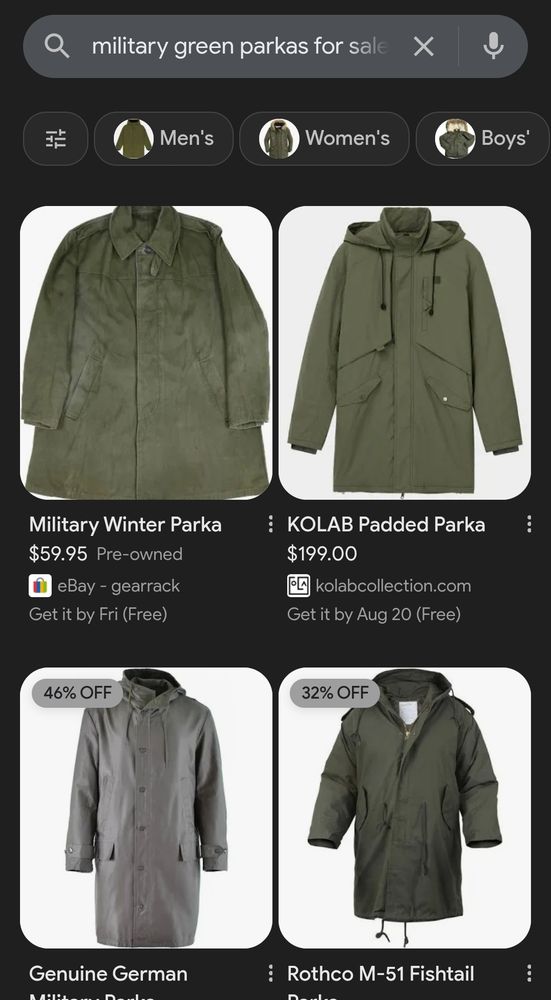 A collection of military green parkas like those that Liam Gallagher of Oasis famously wears
