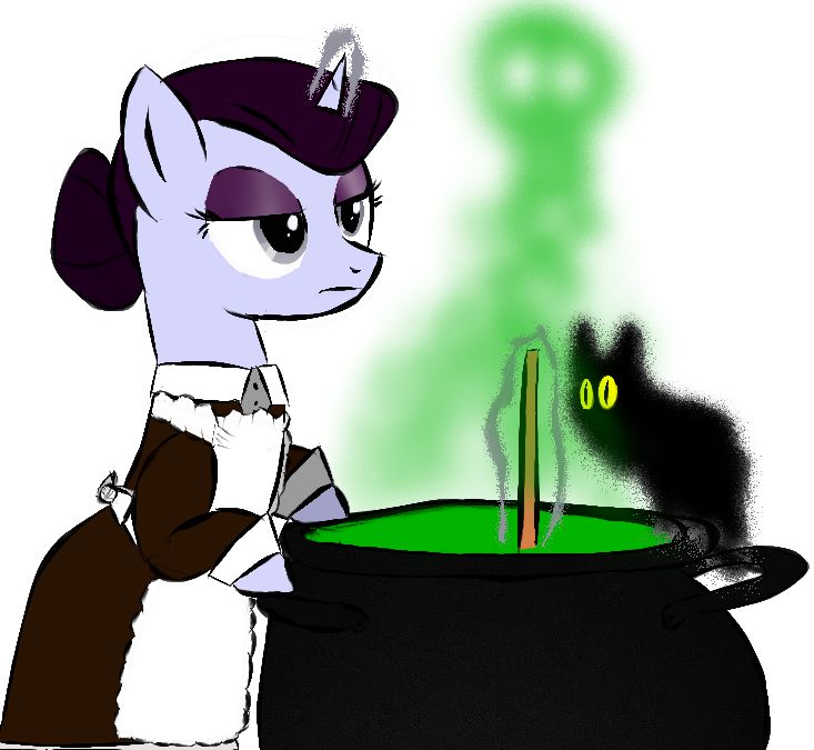 A light blue pony with a purple mane in a maid's dress, leaning into a cauldron with some freaky green liquid, looking at the skull-shaped fumes that are rising from it.

A small kitty that is basically just black noise with a pair of eyes looks on.