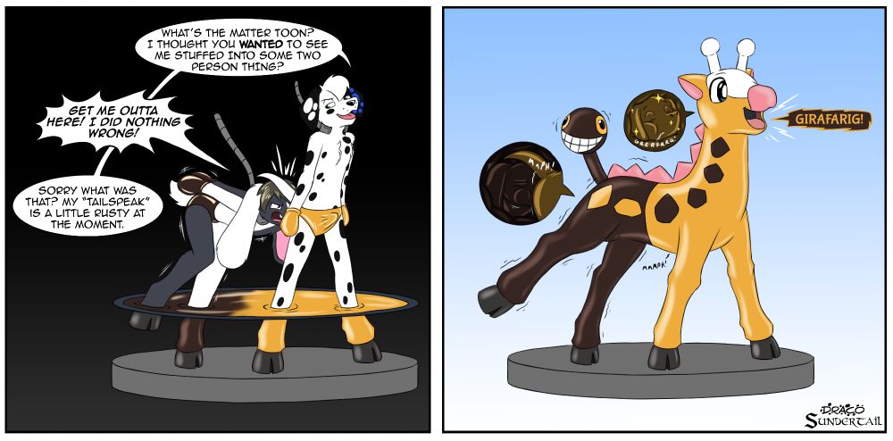 In the first frame Draco and Toonmancer, a Dalmatian and Rabbit, are being held in place by robotic arms as a ring begins to rise around their ankles. Draco is smiling despite the peril of the situation and taunting Toon, who has been stuffed up against his butt. In the second frame, both of them have been immobilised and fully encased pantomime-horse style inside a solid pokemon toy of girafarig, Draco still unbothered while Toon fights desperately to escape the back half.