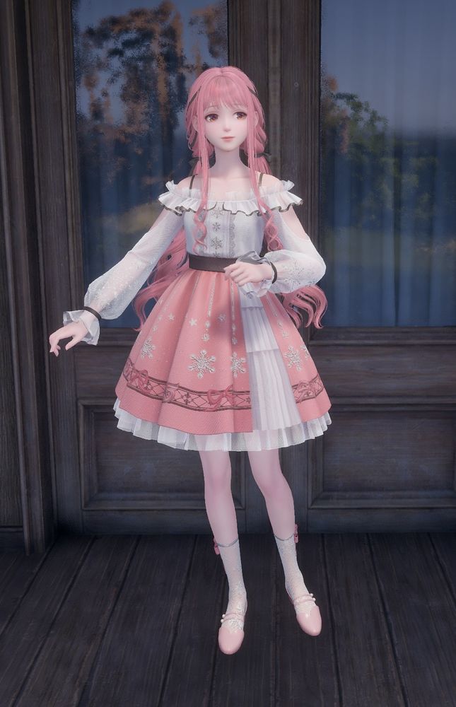 the perfect start outfit from infinity nikki, a cute dress with a white bodice and a pink skirt