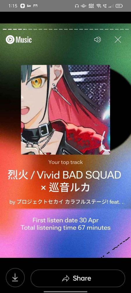 a screencap of the poster's youtube music recap, displaying the vivid bad squad track rekka as their top listened song