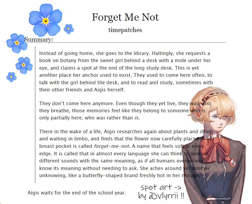 a screenshot of the linked fic decorated with flowers and spot art of aigis by vlyrrii