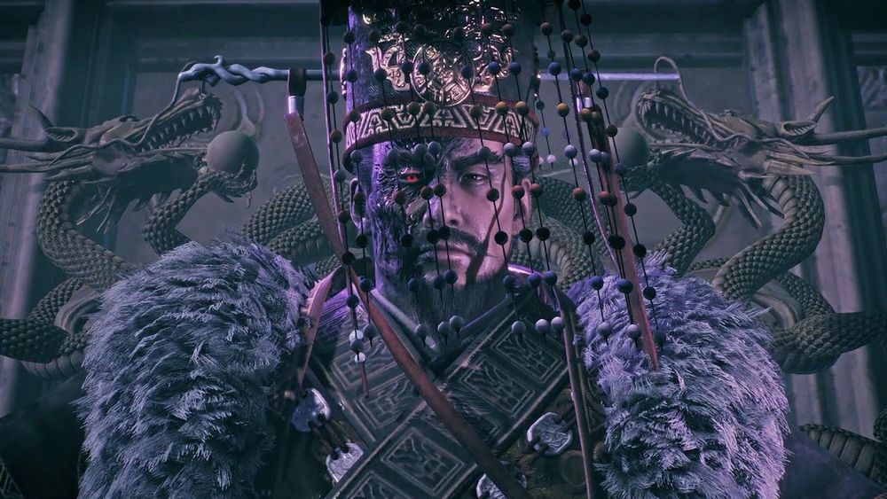 A screenshot of the Chinese historical figure Yuan Shu, as he appears in the video game Wo Long. His right eye is a deep red and signifies demonic qualities.