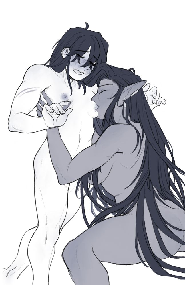 A large woman with elven eats sucks the titty of a smaller, muscular woman with small breasts.