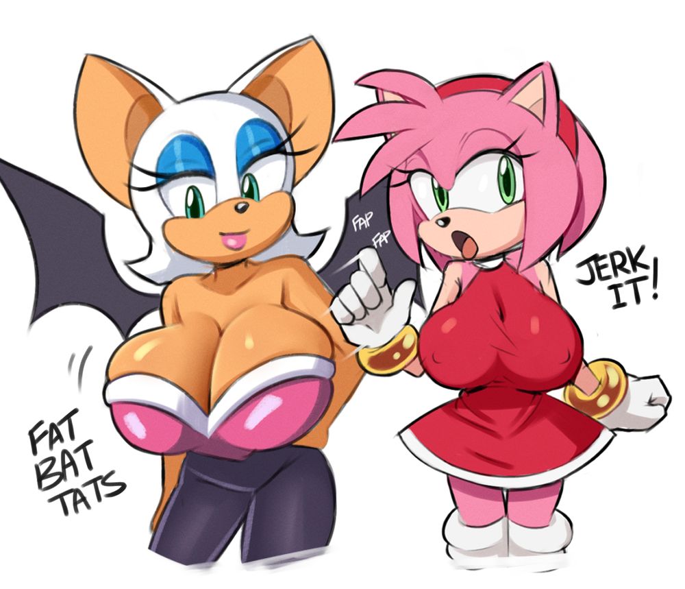Two anthropomorphic freaks are suggesting unscrupulous activities while their enormous breasts heave around