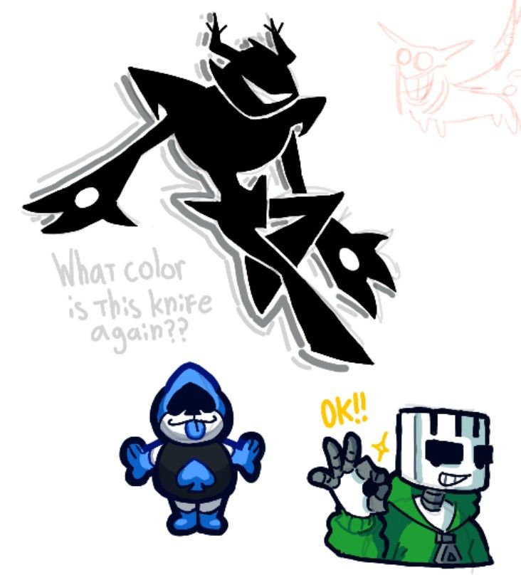 Simple digital drawings. On top is the Roaring Knight from Deltarune, with the text "What color is this knife again??" Below it. Bottom-Left, Lancer with his tounge out. Bottom-Right, My persona doing the "Okay" hand sign.