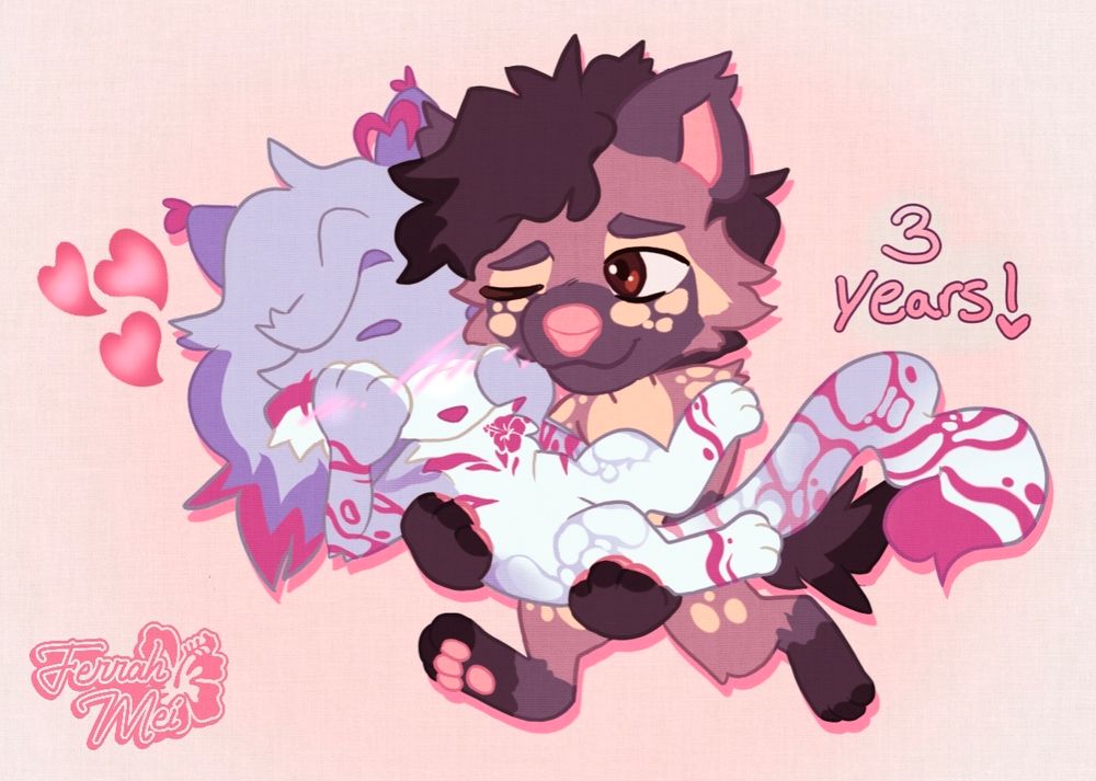 An illustration of my husband’s fursona carrying my own while they blush in embarrassment and hearts floating up overhead. Text on the image says “3 years!”