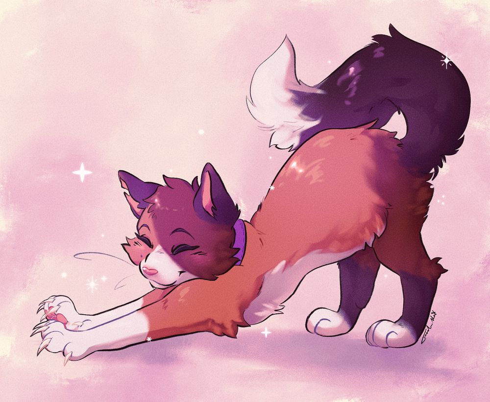 A drawing of a calico cat fursona doing a big stretch with her tail curled behind her and claws out. the background is simple, with sparkles surrounding her.