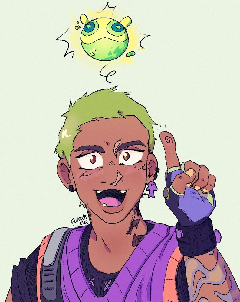 A drawing of Gekko from RIOT Games VALORANT holding up his left hand and pointing his index finger up with a goofy smile on his face. Mosh Pit (one of his radivores) is floating above his head acting in place of a light bulb.