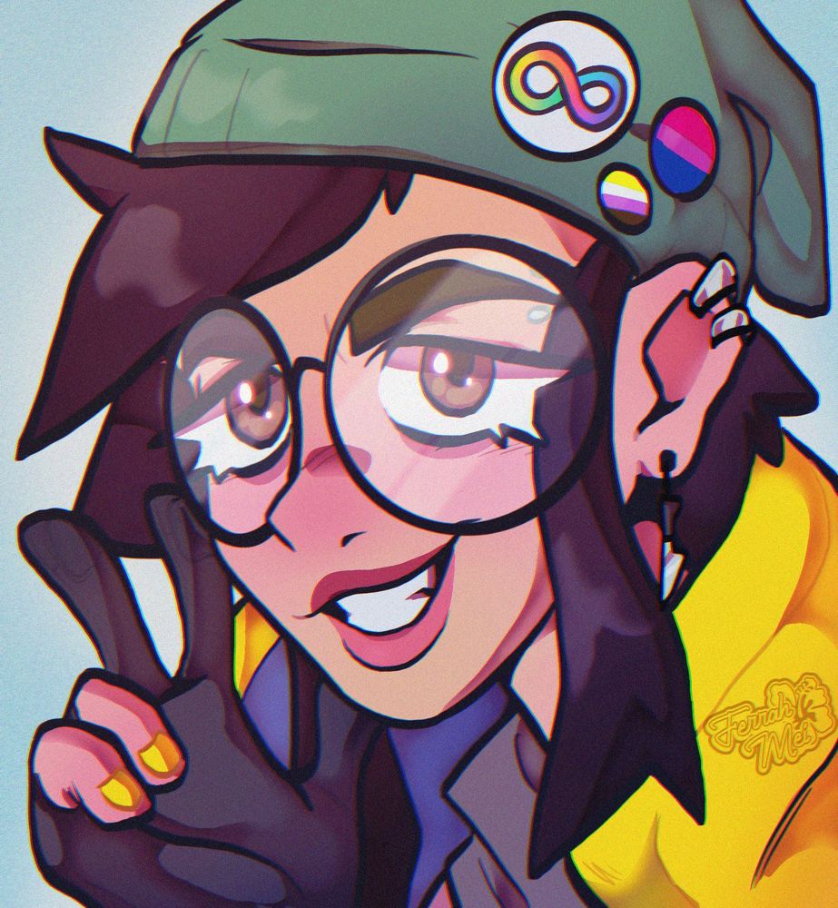 A profile picture of Killjoy (RIOT Games VALORANT Character) facing the left with a sly grin on her face. She has a peace sign up while facing the viewer. On her beanie, she has the autism pride button along with the nonbinary and bisexual pride button as well
