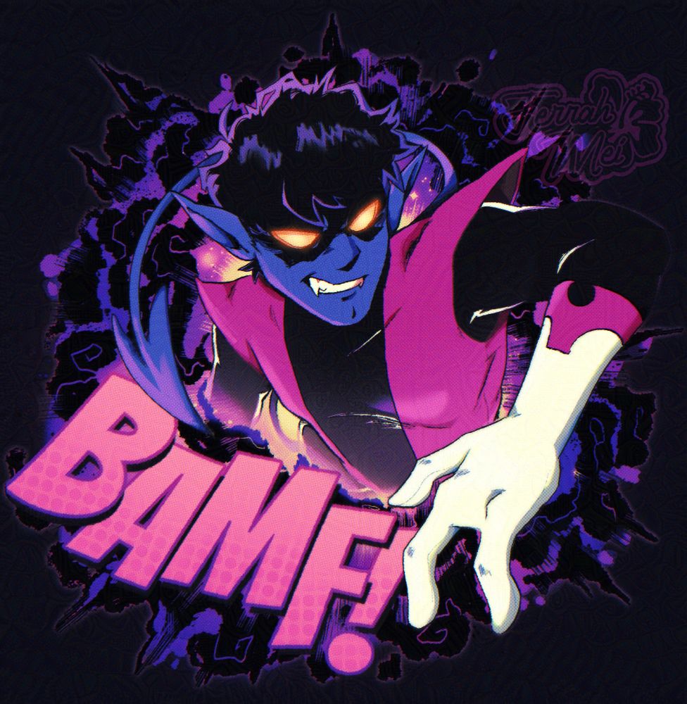 Nightcrawler (AKA Kurt Wagner) in a torso-up shot of him popping out of black and purple smoke from his teleportation abilities. His arm is outstretched in front of him as if he's lunging at an enemy, and his tail curls around him poised and ready to strike. In the bottom left corner of the image "BAMF!' is written in a classic comic book font, which is the onomatopoeia for the sound of his teleportation.