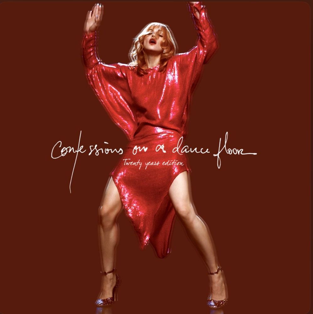Madonna confessions on a dance floor alternative album art. Madonna dancing with a sequined red dress on the album cover