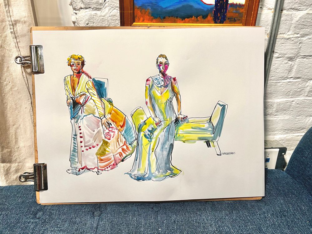 Two models sitting next to each other. Inked watercolor on a large sheet of paper. 