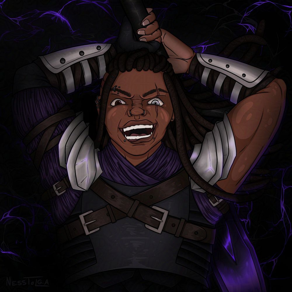 A digital illustration of my OC Ayana. She is holding a sword behind her as if she'd about to swing it down at you. The sword is gleaming purple. She wears leather armor with metal shoulder pieces straped on and metal arm bracers. Underneath is purple fabric for her uniform while her right bicep is bare. Her mouth is wide in a cackle and one eye is grey with a scar across it, making it blind. Another scar is on the side of her head. The rest of her head is full of dark brown locs.