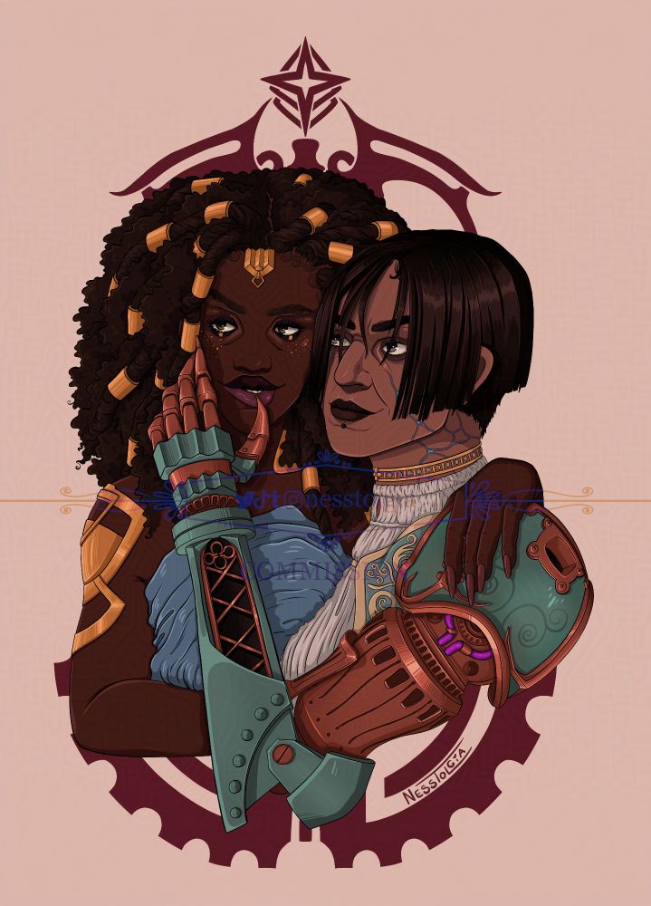 A digital illustration of Mel Medarda and Sevika from Arcane. Sevika has a short, straight bob and a bronze and teal mechanical arm. She wears a cream blouse with a teal vest and pale gold details. Mel is beside her with an arm around her shoulders with a blue bedsheets covering her torso. Her hair is out in a mixture of natural curls and twists with gold cuffs. Sevika's mechanical hand is slightly pulling on Mel's bottom lip suggestively as they both gaze to the side at something in the distance. Behind them are the symbols for the Medardas, Zaun, and Piltover 