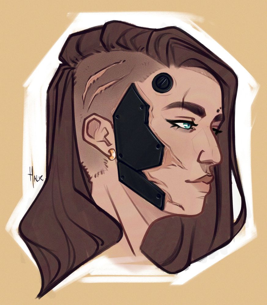 Cerys with a sidecut hair instead of her full mane after it was shaved down to treat her post-torture injuries. She has two big scarred gashes at the side of her skull, and a face plate from her temple down to her jaw, also surrounded by scars. She's got a bionic port just above her eyebrow that is not a consequence of her injuries and was installed in another occasion.